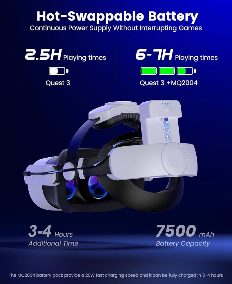 Kawaye حزام رأس لجهاز Meta Quest 3S/Quest 2/Quest 3 مع بطارية قابلة للتبديل بسعة 7500mAh، أزرار مزدوجة قابلة للتعديل لدعم وراحة محسّنة وتقليل الضغط - Image 3